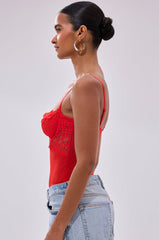 BURNING PASSION LACE BODYSUIT IN RED