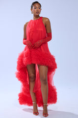 ARI TULLE RUFFLE HIGH LOW MINI DRESS IN RED