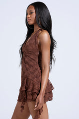 SPICY RUFFLE LACE MINI DRESS IN CHOCOLATE