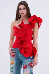 ABSTRACT RUFFLE OFF THE SHOULDER BLOUSE