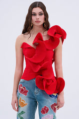 ABSTRACT RUFFLE OFF THE SHOULDER BLOUSE