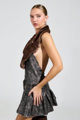 STEPPING OUT PU FUR TRIM MINI DRESS