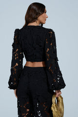 LATE NIGHT DREAMS FLORAL CUTOUT CROPPED BLOUSE