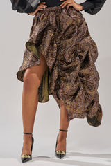 CRAZY FOR YOU BROCADE RUCHED MIDI SKIRT