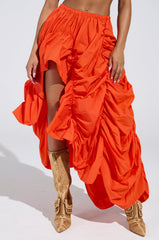 LETS CHANGE IT UP RUCHED MIDI SKIRT IN ORANGE