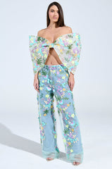 GARDENIA DENIM WITH FLORAL TULLE WIDE LEG JEANS