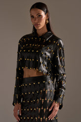 THE SNEAK PEEK STUDDED PU BLOUSE IN BLACK