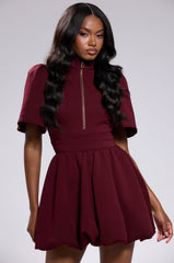 NAME OF THE GAME SHORT SLEEVE ZIPPERED MINI DRESS IN BURGUNDY