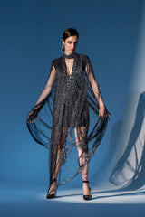 MIXED MESSAGES METALLIC BANDAGE MINI DRESS WITH FRINGE