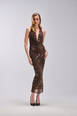 LENNON PRINTED MESH RHINESTONE MIDI DRESS