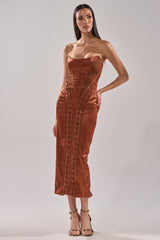 WOAH BABY SATIN MIDI DRESS IN CHOCOLATE