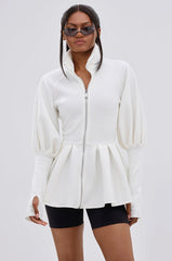 TWIN FLAME PEPLUM BOMBER IN WHITE