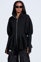 TWIN FLAME PEPLUM BOMBER IN BLACK