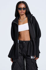 TWIN FLAME PEPLUM BOMBER IN BLACK