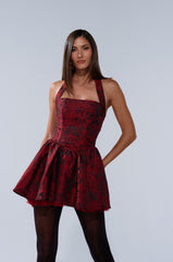 BRINA BROCADE MINI DRESS IN BURGUNDY