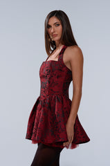 BRINA BROCADE MINI DRESS IN BURGUNDY
