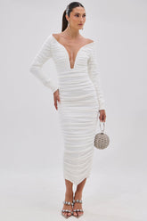 TARAJI BANDAGE MIDI DRESS WITH MESH OVERLAY