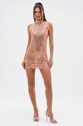 SHINE BRIGHT RHINESTONE MESH MINI DRESS IN ROSE GOLD