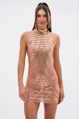 SHINE BRIGHT RHINESTONE MESH MINI DRESS IN ROSE GOLD