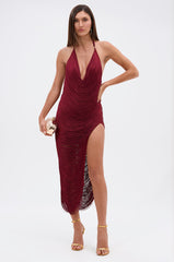 SOFIA FRINGE HIGH SLIT MIDI DRESS IN BURGUNDY