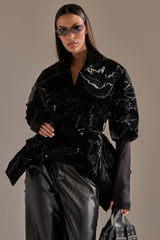 RIB SLEEVE PEPLUM PUFFER IN LIQUID VELVET