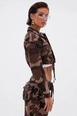 CANT SEE ME BROWN CAMO CROPPED BUTTON DOWN