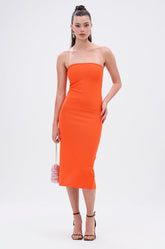NOT TOO SIMPLE BANDAGE MIDI DRESS IN ORANGE