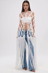 WHITE ZELINA FRINGE EMBELLISHED LONG CARDIGAN