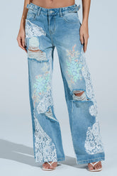 PICKING PETALS FLORAL AND LACE DETAIL DENIM PANTS