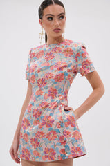 PRETTY IN PINK BROCADE BEADED MINI DRESS