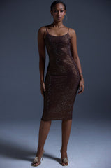 JUST FOR FUN RHINESTONE MIDI DRESS IN BROWN