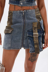 DOWN AND DIRTY CAMO DENIM MINI SKIRT