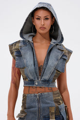 DOWN AND DIRTY DENIM HOODED VEST
