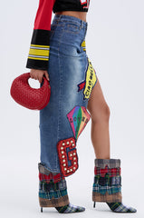 VARSITY SQUAD DENIM GRAPHIC MIDI SKIRT