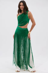 GINA SINGLE SHOULDER FRINGE TOP IN KELLY GREEN