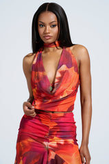 UP IN FLAMES SCARF DETAILED COWL NECK BLOUSE