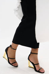 AZALEA WANG AYYAR BLACK GOLD WEDGE HEEL SANDAL