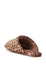 AKIRA BAGGER STUDDED SLIP ON SANDAL IN LEOPARD