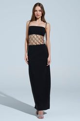 TAKE IT BLACK MIDI DRESS WITH RHINESTONE CUTOUT
