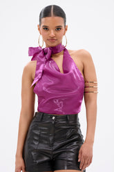 SUNSHINE COWL NECK SATIN BLOUSE IN PURPLE