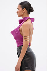 SUNSHINE COWL NECK SATIN BLOUSE IN PURPLE