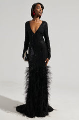 YOURS TRULY FEATHER SEQUIN EMBELLISHED MAXI DRESS