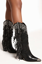 AZALEA WANG FULLER BLACK RHINESTONE EMBELLISHED COWBOY BOOT