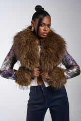 GISELE FUR TRIM MOTO IN BROCADE