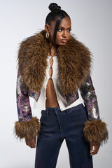 GISELE FUR TRIM MOTO IN BROCADE