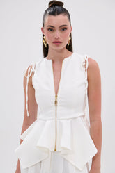 PEPLUM FRONT ZIP SLEEVELESS BLOUSE IN WHITE