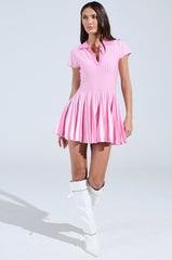 ALINA PLEATED KNIT FIT AND FLARE MINI DRESS IN PINK MULTI