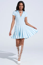 ALINA PLEATED KNIT FIT AND FLARE MINI DRESS IN BLUE