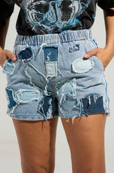 BAD IDEA DENIM PATCHWORK SHORTS