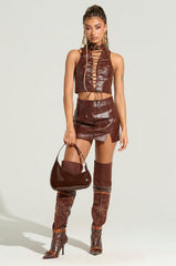 ALL YOURS SIDE LACE UP FAUX CROCODILE MINI SKIRT IN BROWN